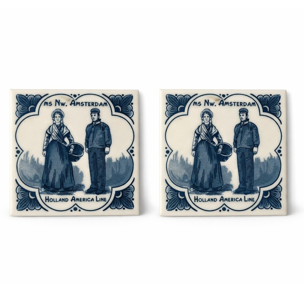 Holland America Line MS Nieuw Amsterdam Blue White‎ Ceramic Cork Tiles Set of 2